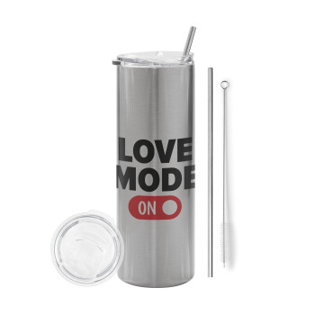 LOVE MODE ON, Eco friendly stainless steel Silver tumbler 600ml, with metal straw & cleaning brush