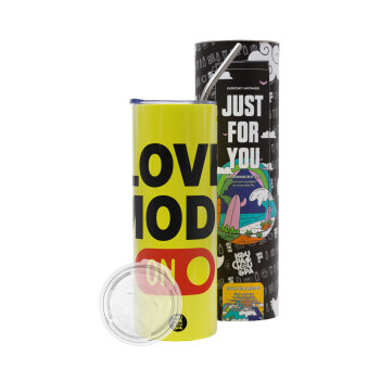 LOVE MODE ON, Neon Yellow Travel Tumbler, with metal straw (Stainless steel 304 Food grade, BPA free, 600ml)