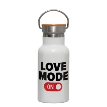 LOVE MODE ON, Μεταλλικό παγούρι θερμός (Stainless steel) Λευκό με ξύλινο καπακι (bamboo), διπλού τοιχώματος, 350ml