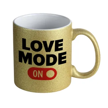 LOVE MODE ON, Κούπα Χρυσή Glitter που γυαλίζει, κεραμική, 330ml