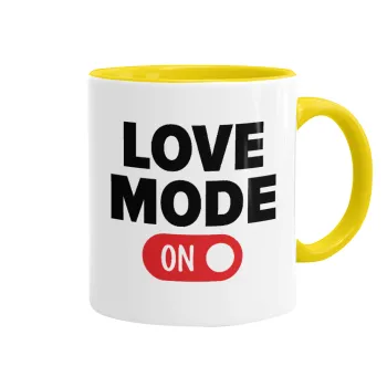 LOVE MODE ON, Κούπα χρωματιστή κίτρινη, κεραμική, 330ml