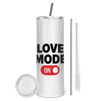LOVE MODE ON, Tumbler ποτήρι θερμό από ανοξείδωτο ατσάλι 600ml, με μεταλλικό καλαμάκι & βούρτσα καθαρισμού