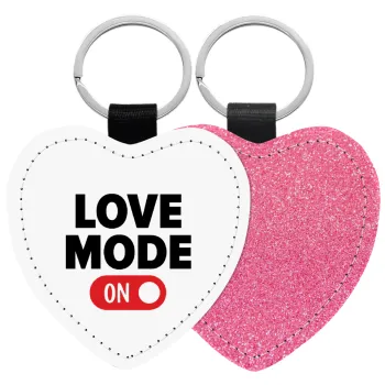 LOVE MODE ON, Μπρελόκ PU δερμάτινο glitter καρδιά ΡΟΖ