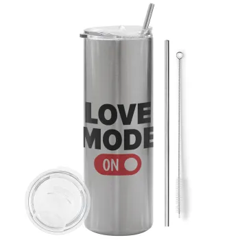 LOVE MODE ON, Tumbler stainless steel Silver 600ml, with metal straw & cleaning brush