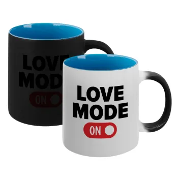 LOVE MODE ON, Κούπα Μαγική εσωτερικό μπλε, κεραμική 330ml που αλλάζει χρώμα με το ζεστό ρόφημα