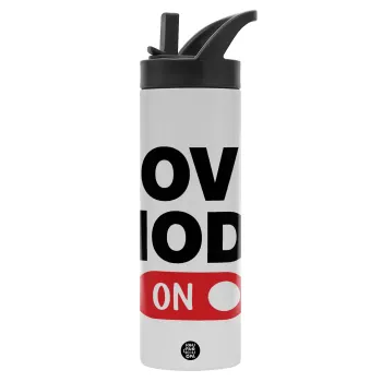 LOVE MODE ON, Metallic thermos bottle with straw & handle, stainless steel (Stainless steel 304), double-walled, 600ml.