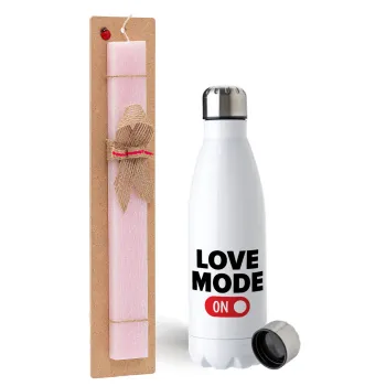 LOVE MODE ON, Easter Set, metallic stainless steel water bottle (750ml) & scented flat Easter candle (30cm) (PINK)