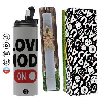 LOVE MODE ON, Πασχαλινή Λαμπάδα με Travel Tumbler θερμό (600ml, BPA free) & κερί αρωματικό πλακέ (30cm) (ΓΚΡΙ)