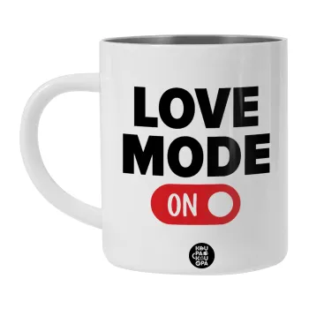 LOVE MODE ON, Λευκή Ανοξείδωτη Μεταλλική Κούπα 450ml - Διπλού Τοιχώματος 