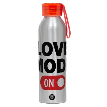 LOVE MODE ON, Αλουμινένιο Αθλητικό Μπουκάλι 650ml – Ασημί με Κόκκινο Καπάκι και Λουράκι Σιλικόνης