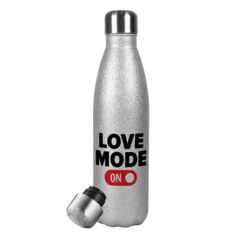 LOVE MODE ON, Metallic Glitter Silver Thermos Flask (Stainless steel), double-walled, 500ml