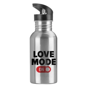LOVE MODE ON, Water bottle Silver with straw, stainless steel 600ml