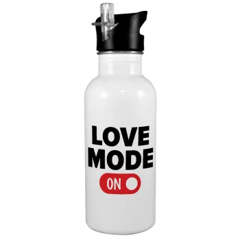 LOVE MODE ON, White water bottle with straw, stainless steel 600ml