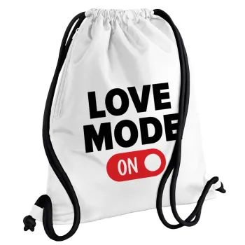 LOVE MODE ON, Backpack pouch GYMBAG white, with pocket (40x48cm) & thick cords
