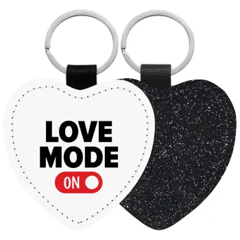 LOVE MODE ON, Μπρελόκ PU δερμάτινο glitter καρδιά ΜΑΥΡΟ