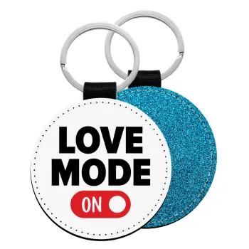 LOVE MODE ON, Μπρελόκ Δερματίνη, στρογγυλό ΜΠΛΕ (5cm)