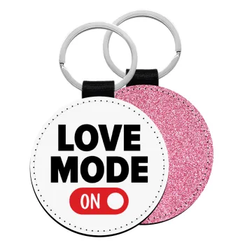 LOVE MODE ON, Μπρελόκ Δερματίνη, στρογγυλό ΡΟΖ (5cm)