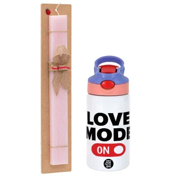 LOVE MODE ON, Easter Set, Children's thermal stainless steel water bottle with safety straw, pink/purple (350ml) & Easter scented flat candle (30cm) (PINK)