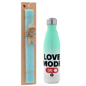 LOVE MODE ON, Easter Set, Metallic green/white thermos (Stainless steel), double-walled, 500ml & scented flat Easter candle (30cm) (TURQUOISE)