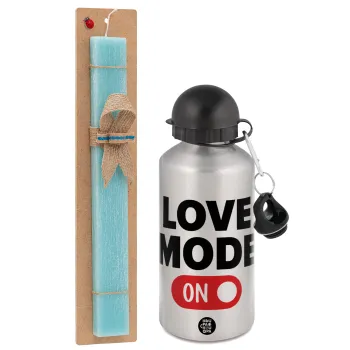 LOVE MODE ON, Easter Set, metallic silver aluminum water bottle (500ml) & scented flat Easter candle (30cm) (TURQUOISE)
