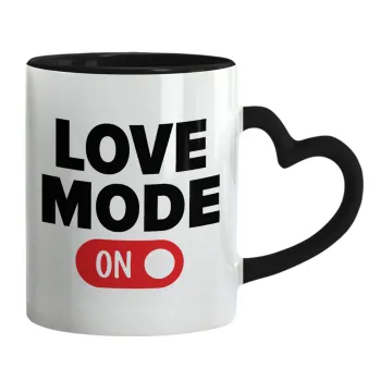 LOVE MODE ON, Κούπα καρδιά χερούλι μαύρη, κεραμική, 330ml