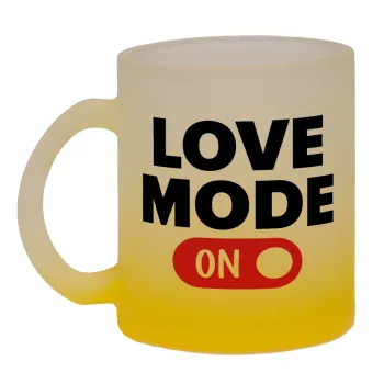 LOVE MODE ON, Κούπα γυάλινη δίχρωμη με βάση το κίτρινο ματ, 330ml