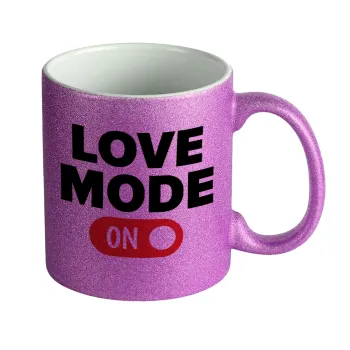 LOVE MODE ON, Κούπα Μωβ Glitter που γυαλίζει, κεραμική, 330ml