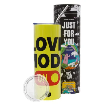 LOVE MODE ON, Neon Yellow Travel Tumbler θερμό, μεταλλικό καλαμάκι(Ανωξείδωτο 304 Food grade, BPA free, 600ml)