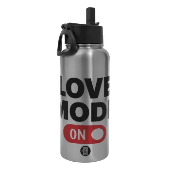 LOVE MODE ON, Metal mug thermo Silver with Straw and Spout Lid (Stainless steel), double wall, 950ml