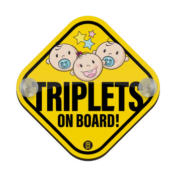 Triplets on board babys, Σήμανση αυτοκινήτου Baby On Board ξύλινο με βεντουζάκια (16x16cm)