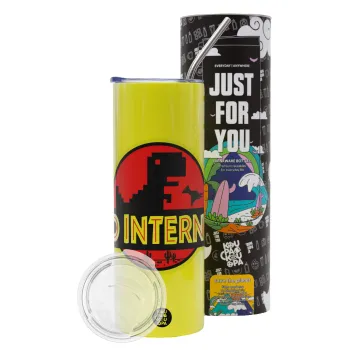 No internet, Neon Yellow Travel Tumbler θερμό, μεταλλικό καλαμάκι(Ανωξείδωτο 304 Food grade, BPA free, 600ml)