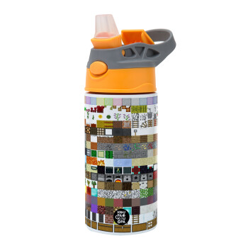 Minecraft blocks, Παιδικό παγούρι θερμό, ανοξείδωτο, με καλαμάκι ασφαλείας, Πορτοκαλί/Γκρι (360ml) BPA-FREE