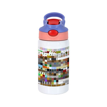 Minecraft blocks, Children's hot water bottle, stainless steel, with safety straw, pink/purple (350ml)