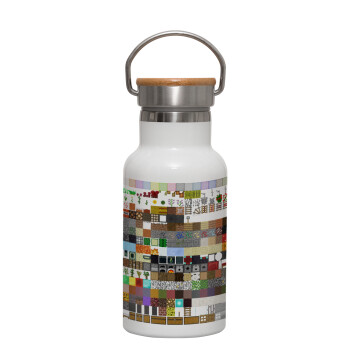 Minecraft blocks, Μεταλλικό παγούρι θερμός (Stainless steel) Λευκό με ξύλινο καπακι (bamboo), διπλού τοιχώματος, 350ml