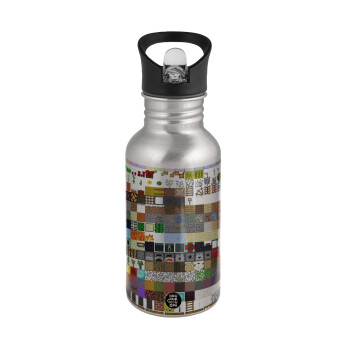 Minecraft blocks, Water bottle Silver with straw, stainless steel 500ml