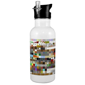 Minecraft blocks, White water bottle with straw, stainless steel 600ml