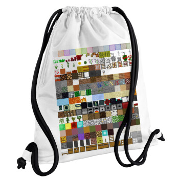 Minecraft blocks, Τσάντα πλάτης πουγκί GYMBAG λευκή, με τσέπη (40x48cm) & χονδρά κορδόνια