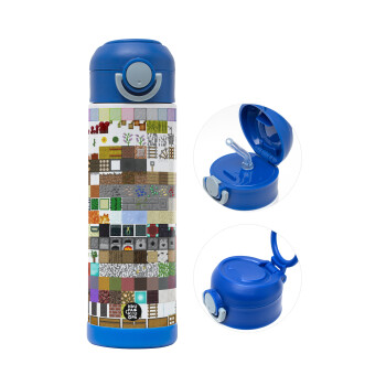 Minecraft blocks, Children's hot water bottle, stainless steel, with safety straw, BLUE (500ml)