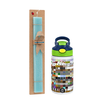 Minecraft blocks, Easter Set, Children's thermal stainless steel bottle with safety straw, green/blue (350ml) & aromatic flat Easter candle (30cm) (TURQUOISE)
