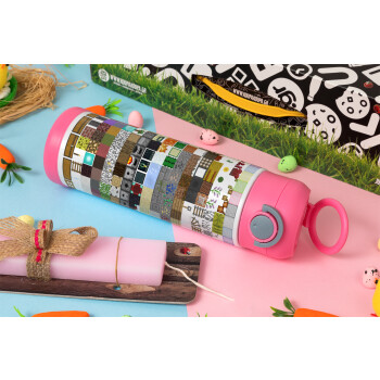 Minecraft blocks, Easter candle, Childrens hot water bottle, stainless steel, with safety straw, PINK (500ml)
