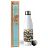 Easter Set, metallic stainless steel water bottle (750ml) & aromatic flat Easter candle (30cm) (TURQUOISE)
