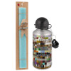 Easter Set, metallic silver aluminum water bottle (500ml) & scented flat Easter candle (30cm) (TURQUOISE)