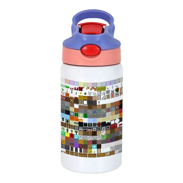Minecraft blocks — Children's hot water bottle, stainless steel, with safety straw, pink/purple (350ml)
