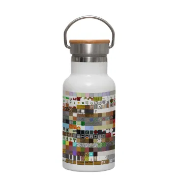 Minecraft blocks, Μεταλλικό παγούρι θερμός (Stainless steel) Λευκό με ξύλινο καπακι (bamboo), διπλού τοιχώματος, 350ml