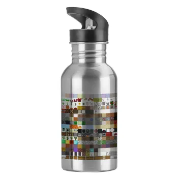 Minecraft blocks, Παγούρι νερού Ασημένιο με καλαμάκι, ανοξείδωτο ατσάλι 600ml