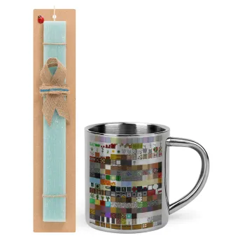 Minecraft blocks, Easter Set, metallic thermal cup (300ml) & aromatic flat Easter candle (30cm) (TURQUOISE)