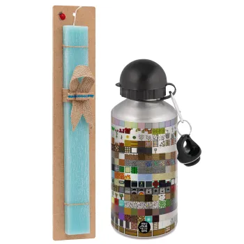 Minecraft blocks, Easter Set, metallic silver aluminum water bottle (500ml) & scented flat Easter candle (30cm) (TURQUOISE)
