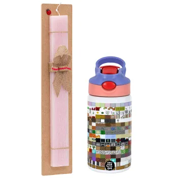 Minecraft blocks, Easter Set, Children's thermal stainless steel water bottle with safety straw, pink/purple (350ml) & Easter scented flat candle (30cm) (PINK)