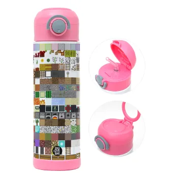 Minecraft blocks, Children's hot water bottle, stainless steel, with safety straw, PINK (500ml)