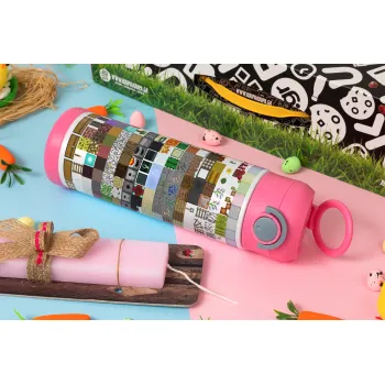 Minecraft blocks, Easter candle, Childrens hot water bottle, stainless steel, with safety straw, PINK (500ml)
